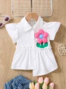 Baby Girls' Cute And Fun Pink 3D Flower Top With Ruffle Trim, Spring/Summer - White - View 1