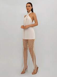 Aloruh Ladies' Apricot Sleeveless Fringed Hem Dress - Apricot - View 5