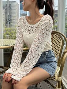 DAZY 女士长袖透明网眼圆领上衣外出上衣夏季 - 杏色 - 查看 5