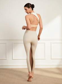 SHEIN Sports Quần legging tập luyện hàng ngày eo cao màu khối cho nữ Trang phục sân bay - Màu Khaki - Xem 2