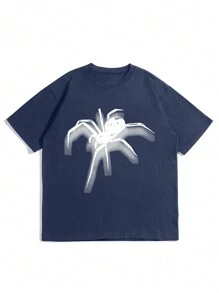 男士字母和蜘蛛印花 T 恤，适合万圣节 - 藏蓝色 - 查看 1