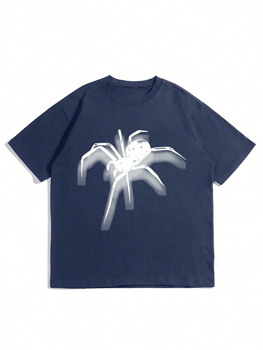 男士字母和蜘蛛印花 T 恤，适合万圣节 - 藏蓝色 - 查看 1