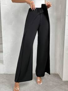 SHEIN Privé Women's Solid Color Simple Everyday Long Pants - Black - View 6