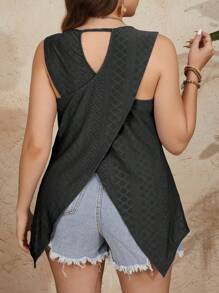 SHEIN LUNE Áo ba lỗ thông thường thêu hoa màu trơn chéo lưng cỡ lớn dành cho nữ, hoàn hảo cho kỳ nghỉ - màu đen - Xem 1