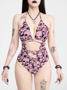 ROMWE Goth 骷髏印花露背連體泳衣 - 粉色 - 查看 3
