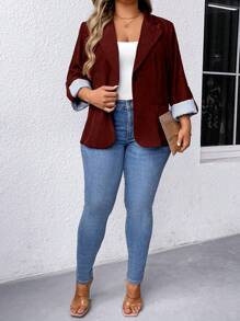 SHEIN LUNE Plus Roll Tab Sleeve Single Button Blazer - Burgundy - View 4