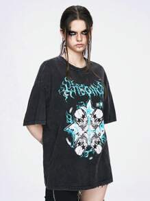 ROMWE Grunge Punk Street Style Cool Casual Snowflake Distressed Skull Chain Star Contrast Slogan Print Loose Knitted Women's T-Shirt - Black - View 4