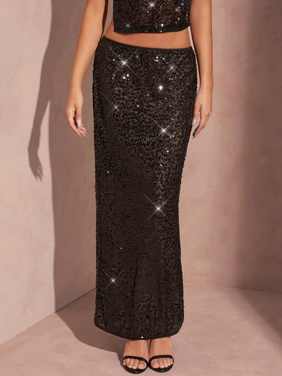 SHEIN BAE Falda larga para mujer, baja de cintura, sólida, con lentejuelas, transparente, de brillo - perfecta para vacaciones en la playa de verano, citas románticas y salidas informales - Negro - Ver 1