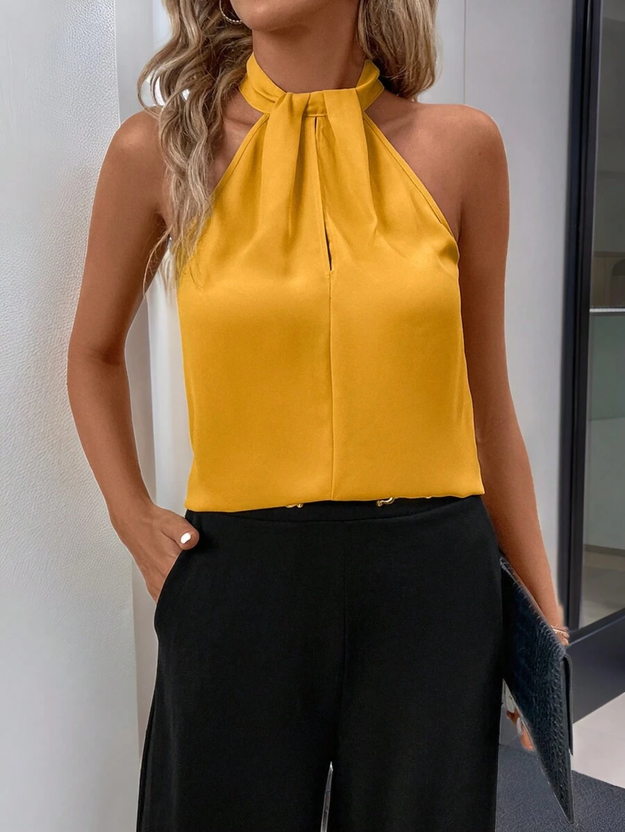 SHEIN Clasi Blusa plisada elegante con cuello en V y abertura con botones para mujer - Amarillo - Ver 1