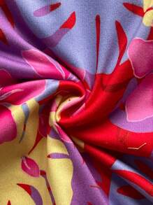 Soleia Vestido corto ajustado asimétrico con dobladillo de volantes y estampado tropical azul para mujeres con patrón floral rojo, perfecto para vacaciones y verano - Multicolor - Ver 6