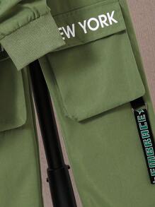 SHEIN Tween Boy 1pc Letter Graphic Flap Pocket Jacket & 1pc Pants Chic Outfits For Autumn/Winter