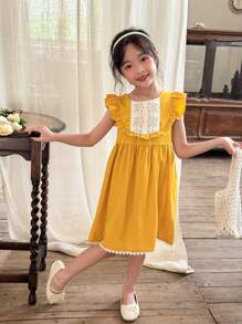 SHEIN Young Girl Yellow Lace Dress With Country Style - Yellow - View 3