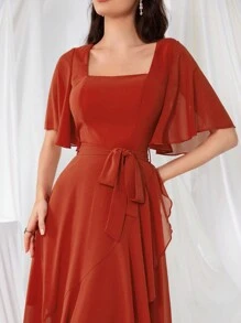 UNITHORSE 不对称下摆荷叶边袖蕾丝高开衩露背伴娘服 - 橘色 - 查看 5