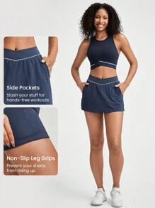 GLOWMODE FeatherFit™-Air Crossover Waist Anti-Slip Skirt Skort With Built-In Shorts Light Support Low Impact Daily Casual Quick Dry Moisture Wicking - Dark Blue - View 3