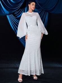 Floral Lace Bell Sleeve Chiffon Mermaid Wedding Dress, White Elegant Long Sleeve Bridal Gown - White - View 6