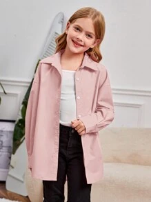 SHEIN Tween Girls' Woven Solid Color Shirt With Turn-Down Collar, Loose-Fit And Long Sleeve For Vacation