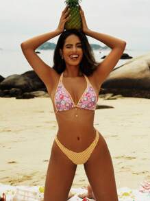 SHEIN Swim Halternek-bikinitikiniset met bloemenprint en sexy splitontwerp voor zomerse strandkleding