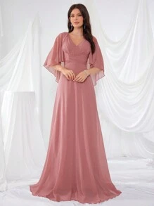 UNITHORSE Batwing Sleeve V-Neckline Pressed Pleats Chiffon Dress With Waist Detailing Bridesmaid Dress - Dusty Pink - View 4
