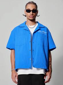 PAVTROS Zomershirt voor heren met korte mouwen en letterprint, casual button-down, dagelijks woon-werkverkeer en vrije tijd - Blauw - Bekijken 4