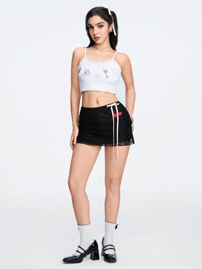 Kawaii Jupe pour femmes avec nœud papillon et ourlet en dentelle brodé de cerise sexy avec sous-vêtement anti-éclaircissant