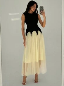 Aloruh Elegant Color Block Mesh Splicing Slim Fit Sleeveless Round Neck Dress Suitable For Work And Date - Black - View 3