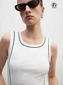 BizChic Women's Business Attire Office Work Cheongsam Style Black & White Contrast Knitted Fitted Tank Top