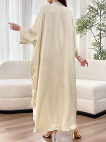 Al Najma Đầm dài tay cánh dơi màu trơn thanh lịch có khuy dành cho nữ, mùa hè - Rượu sâm banh - Xem 6