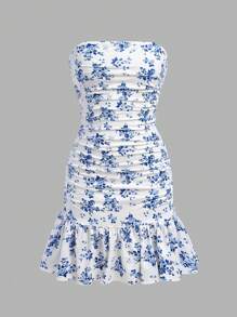 Teenage Girls' Fresh Ditsy Floral Strapless Mermaid Dress - Multicolor - View 5