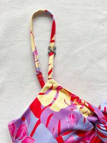 Soleia Vestido corto ajustado asimétrico con dobladillo de volantes y estampado tropical azul para mujeres con patrón floral rojo, perfecto para vacaciones y verano - Multicolor - Ver 4
