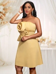 Strapless Three-Dimensional Rose A-Line Cocktail  Dress - Khaki - View 4