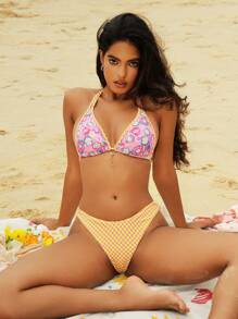 SHEIN Swim Halternek-bikinitikiniset met bloemenprint en sexy splitontwerp voor zomerse strandkleding