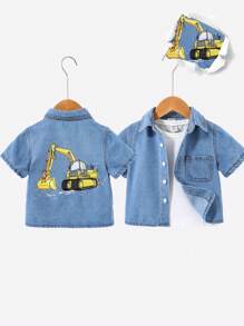 SHEIN Baby Jungen weicher süßer Kurzarm-Kragen Jeanshemd mit Bagger Muster, in Blau, für Sommer Outdoor