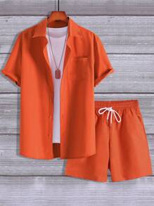 Manfinity Homme Men's Summer Casual Solid Color One Pocket Front Shirt And Plain Shorts Set (T-Shirt Not Included), For Husband - Burnt Orange - View 4