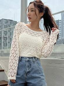 DAZY 女士长袖透明网眼圆领上衣外出上衣夏季 - 杏色 - 查看 3