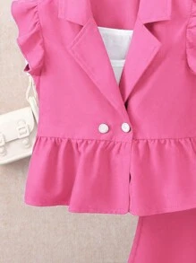 Girls' Solid Color Lace-Edge Vest And Flared Pants Set, Sleeveless - Hot Pink - View 5