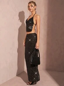 SHEIN BAE Falda larga para mujer, baja de cintura, sólida, con lentejuelas, transparente, de brillo - perfecta para vacaciones en la playa de verano, citas románticas y salidas informales - Negro - Ver 3