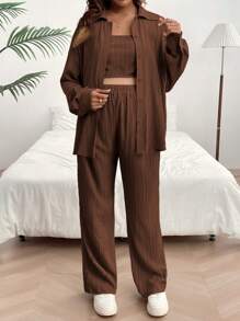 SHEIN Maternity Solid Long Sleeve Top & Pants & Drop Shoulder Shirt For Spring & Summer - Coffee Brown - View 4