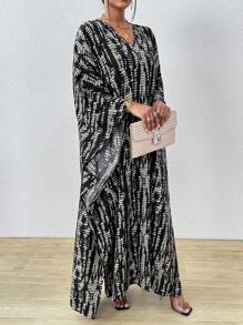SHEIN Clasi 女士条纹蝙蝠袖 V 领开衩长衬衫罩衫连衣裙长款女装 - 黑色 - 查看 6