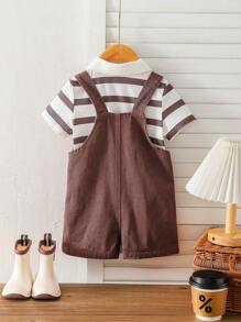 Polo Collar Striped Short Sleeve T-Shirt And Overall Shorts Retro American Country Style Fashionable Outfit For Baby Boys