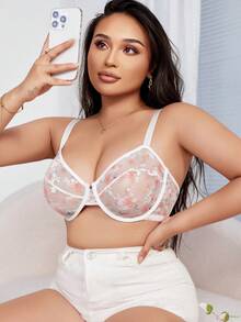 SHEIN 大尺碼女士花卉網眼背心和無鋼圈胸罩 - 白色 - 查看 4