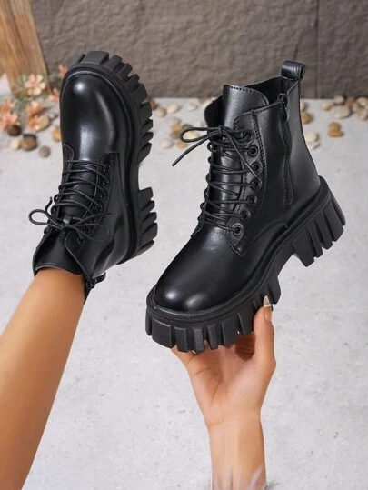 Fall/Winter European And American Style Comfortable Outdoor Party Round Toe Lace-Up Wedge Heel Thick Sole Fashion Boots For Spring/Summer