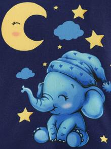 Conjunto de pijama de manga larga para bebé niño, 2 piezas ajustadas y cómodas con patrón de elefante y luna tejido y piel suave al tacto - Azul - Ver 4