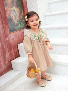 SHEIN Baby Girls' Retro Embroidered Dress With Bow Decoration - Apricot - View 6