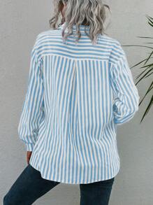 SHEIN LUNE 條紋印花落肩袖襯衫 - 淺藍色 - 查看 2