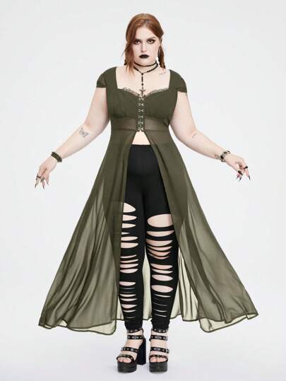 Summer Gothic Style Women's Beach Open Cardigan, Mesh And Lace Patchwork, Plus Size