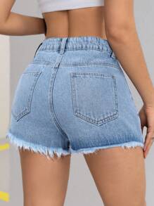 SHEIN ICON Cross Patch Women's Pockets Denim Shorts - Light Wash - View 2