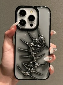 1pc INS 3D Metal Fishbone Transparent Phone Case, Compatible With IPhone 17 Air 16 15 13 14 12 11 Pro Max, Punk Fashion Camera Protection Soft Silicone Back Cover - Clear - View 3