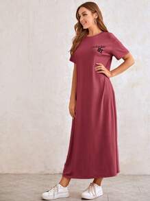 Mulvari Letter Graphic Drop Shoulder Tee Dress - Red - View 3