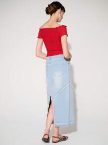 WESTFADE Premium Fray Seam Non-Stretch Cotton Denim Midi Skirt - Blue - View 4