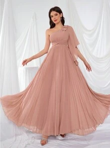 UNITHORSE Asymmetrical Neck Bowknot Flare Sleeve Pleated Waist Elegant And Graceful Party Dress Bridesmaid Dress - Dusty Pink - View 2